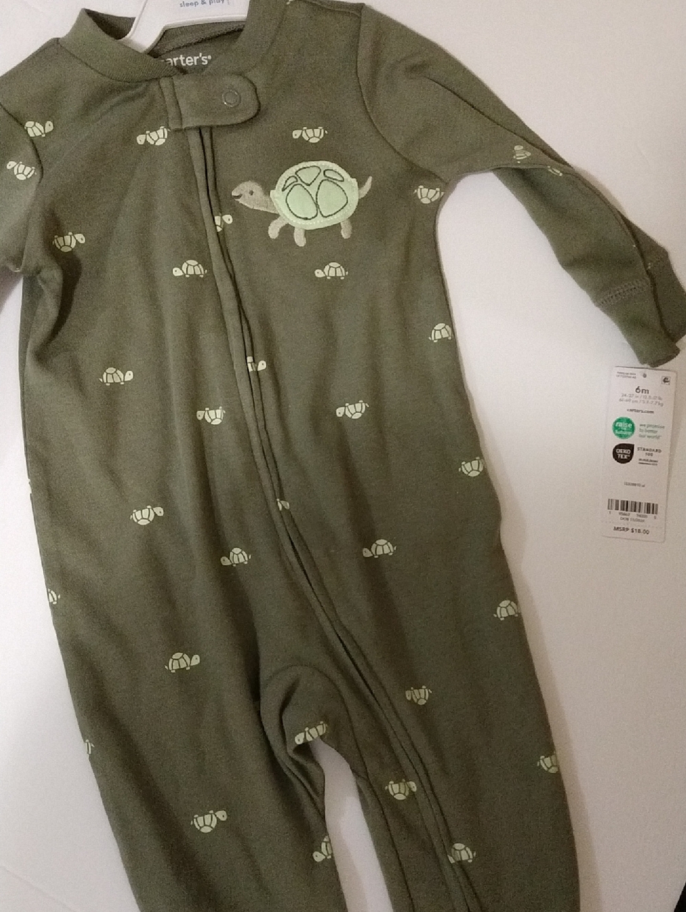 Carter's Olive Green Turtle Zip-Up Baby Footie - 6 Months